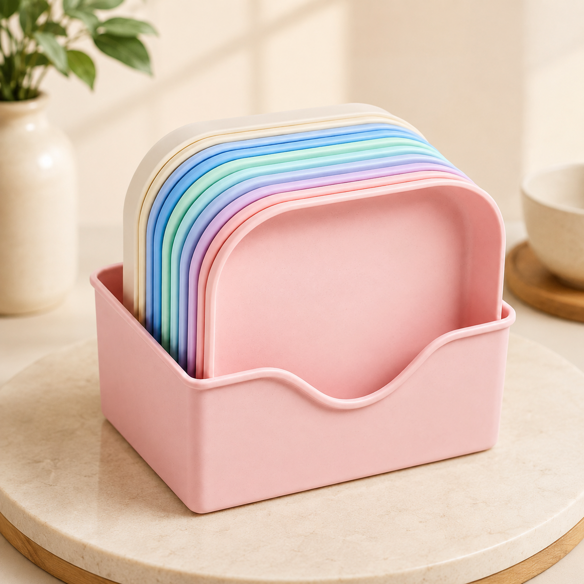 Square Plastic Dinner Plate Set with Storage Stand