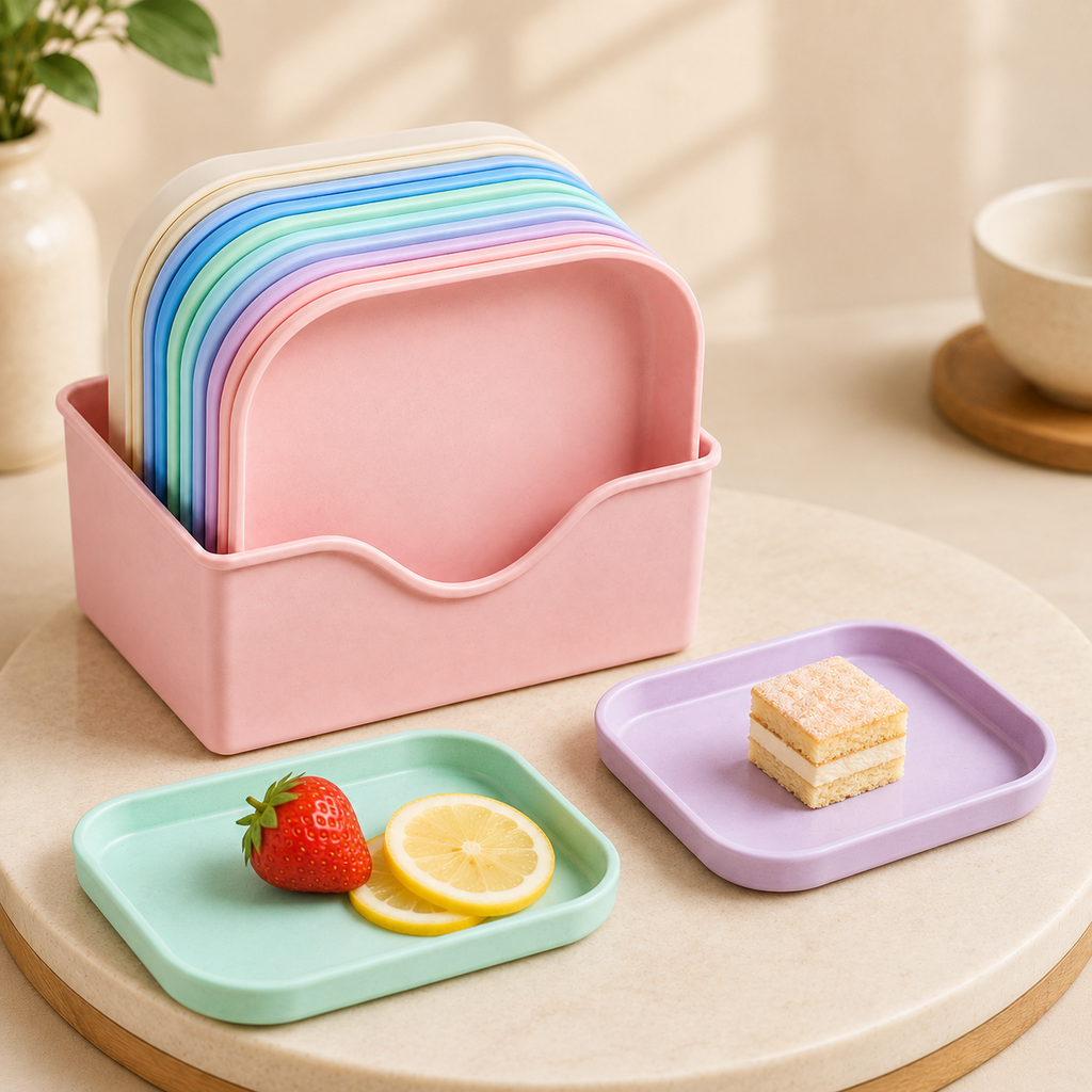Square Plastic Dinner Plate Set with Storage Stand