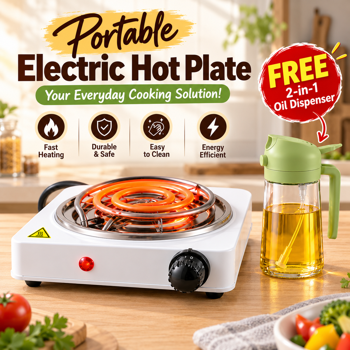 Portable Electric Hot Plate (Free Oil Dispenser)
